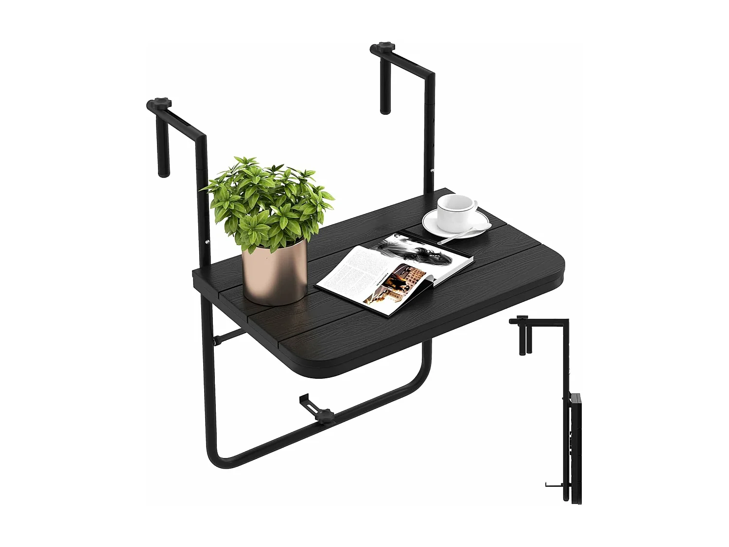 Table de Balcon Suspendue Pliable avec Hauteur 73/78,5/84CM, Table Rabattable en Hips et Métal avec Revêtement Anti-Rouille Charge 30KG pour Balcon Jardin, Noir
