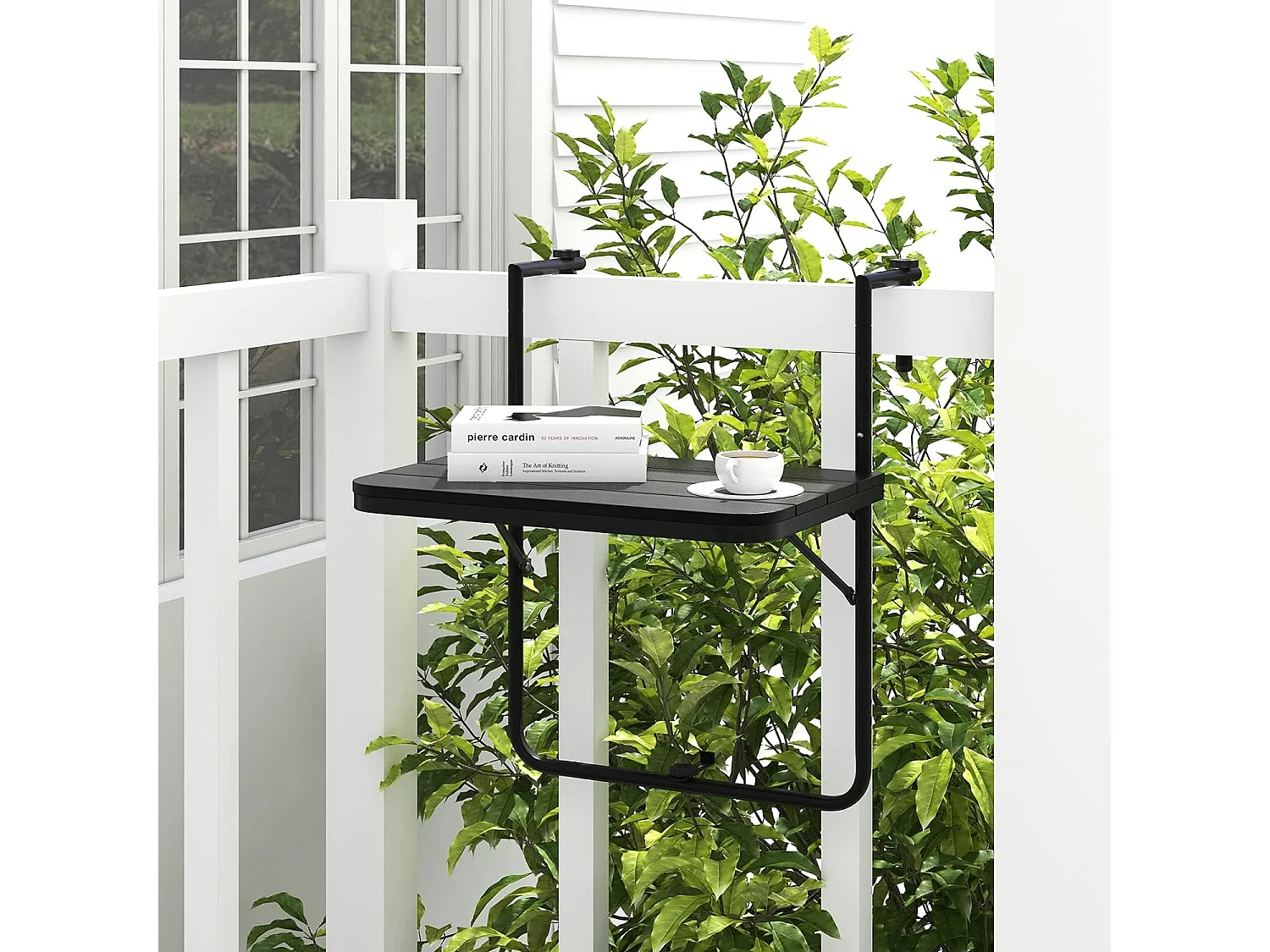 Table de Balcon Suspendue Pliable avec Hauteur 73/78,5/84CM, Table Rabattable en Hips et Métal avec Revêtement Anti-Rouille Charge 30KG pour Balcon Jardin, Noir
