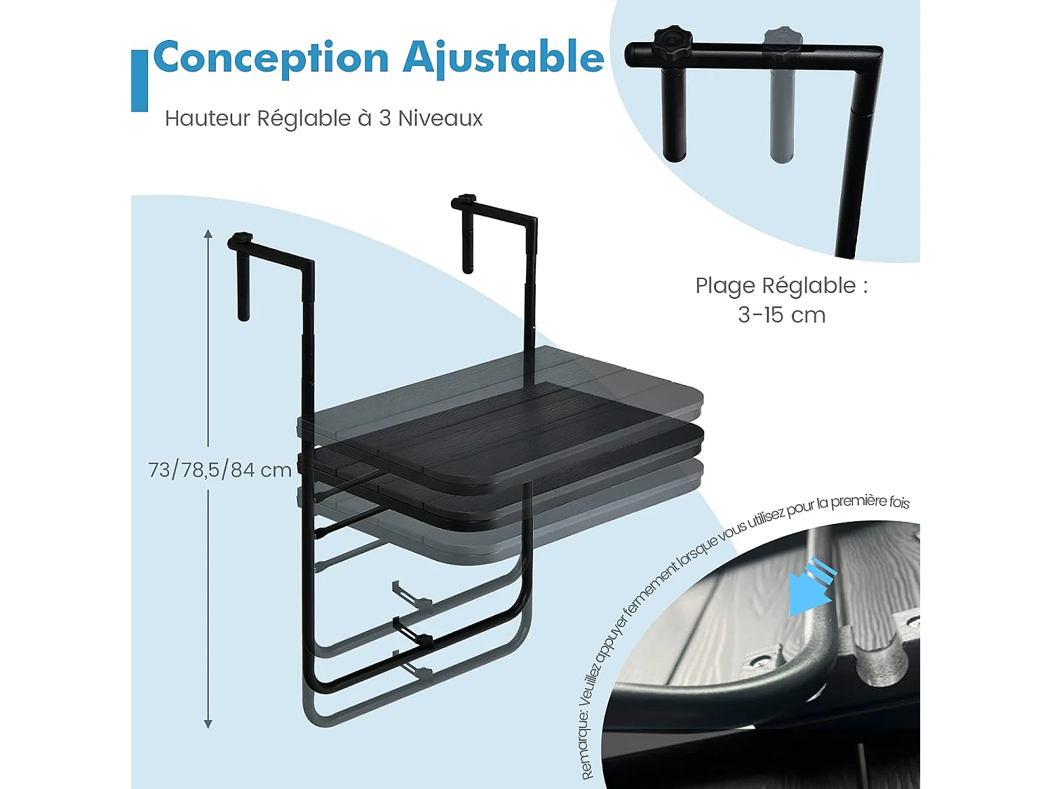 Table de Balcon Suspendue Pliable avec Hauteur 73/78,5/84CM, Table Rabattable en Hips et Métal avec Revêtement Anti-Rouille Charge 30KG pour Balcon Jardin, Noir