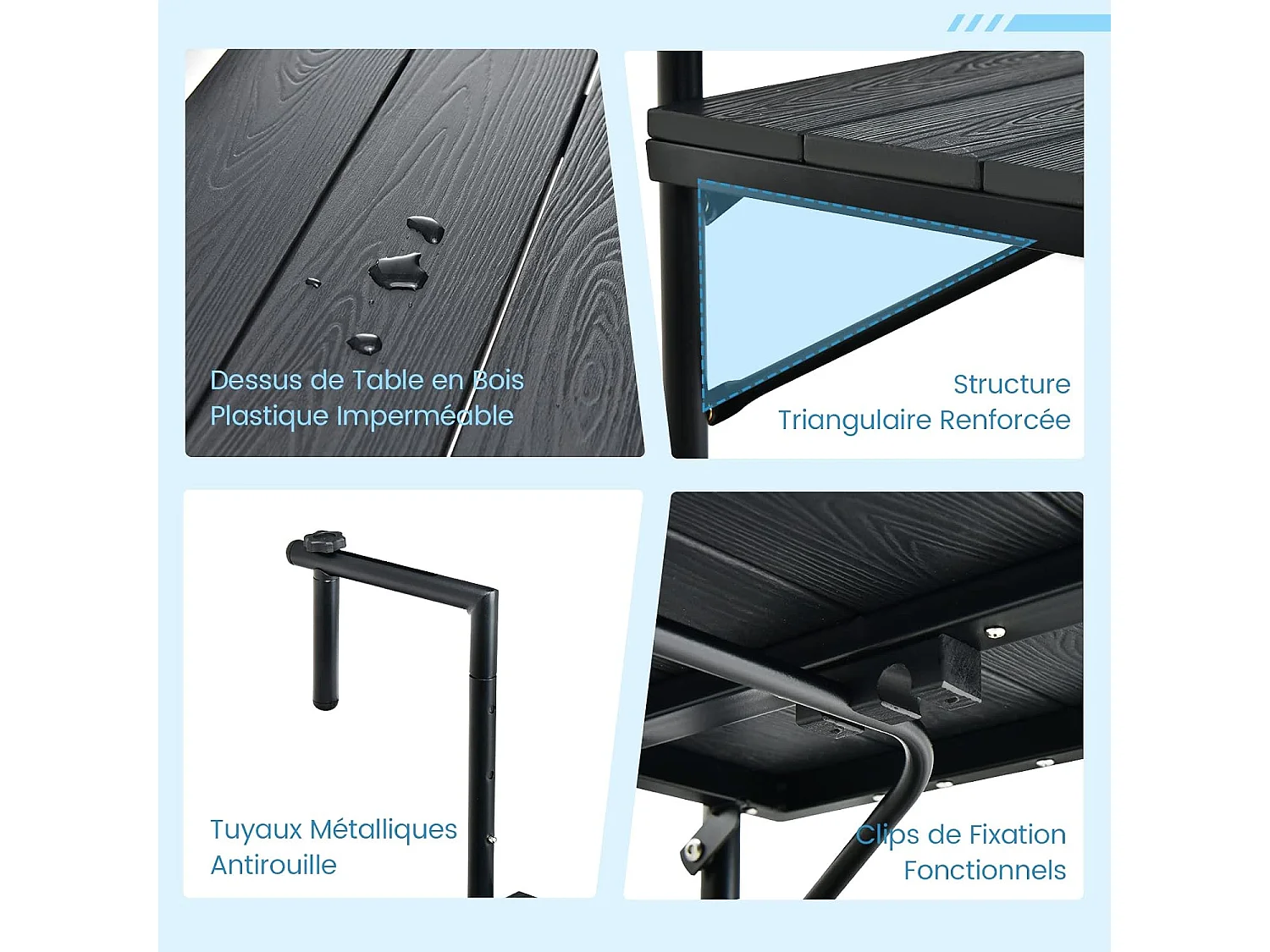 Table de Balcon Suspendue Pliable avec Hauteur 73/78,5/84CM, Table Rabattable en Hips et Métal avec Revêtement Anti-Rouille Charge 30KG pour Balcon Jardin, Noir