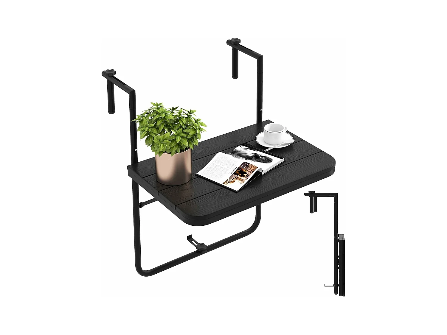 Table de Balcon Suspendue Pliable avec Hauteur 73/78,5/84CM, Table Rabattable en Hips et Métal avec Revêtement Anti-Rouille Charge 30KG pour Balcon Jardin, Noir