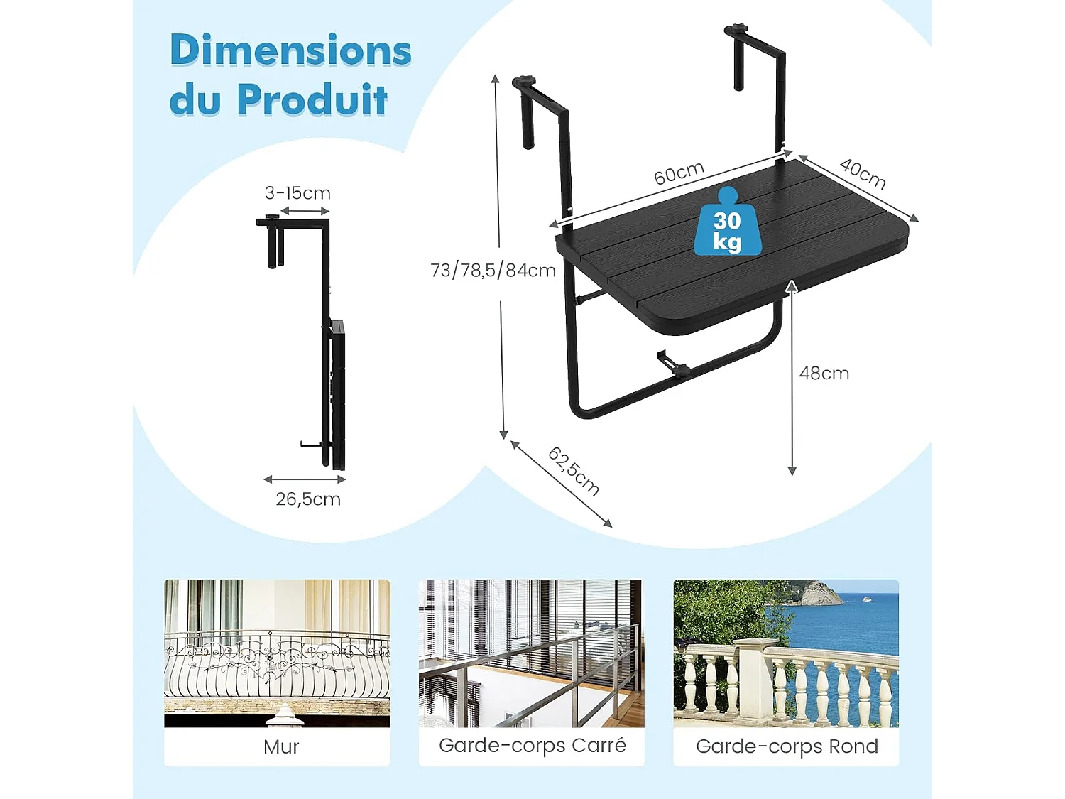 Table de Balcon Suspendue Pliable avec Hauteur 73/78,5/84CM, Table Rabattable en Hips et Métal avec Revêtement Anti-Rouille Charge 30KG pour Balcon Jardin, Noir