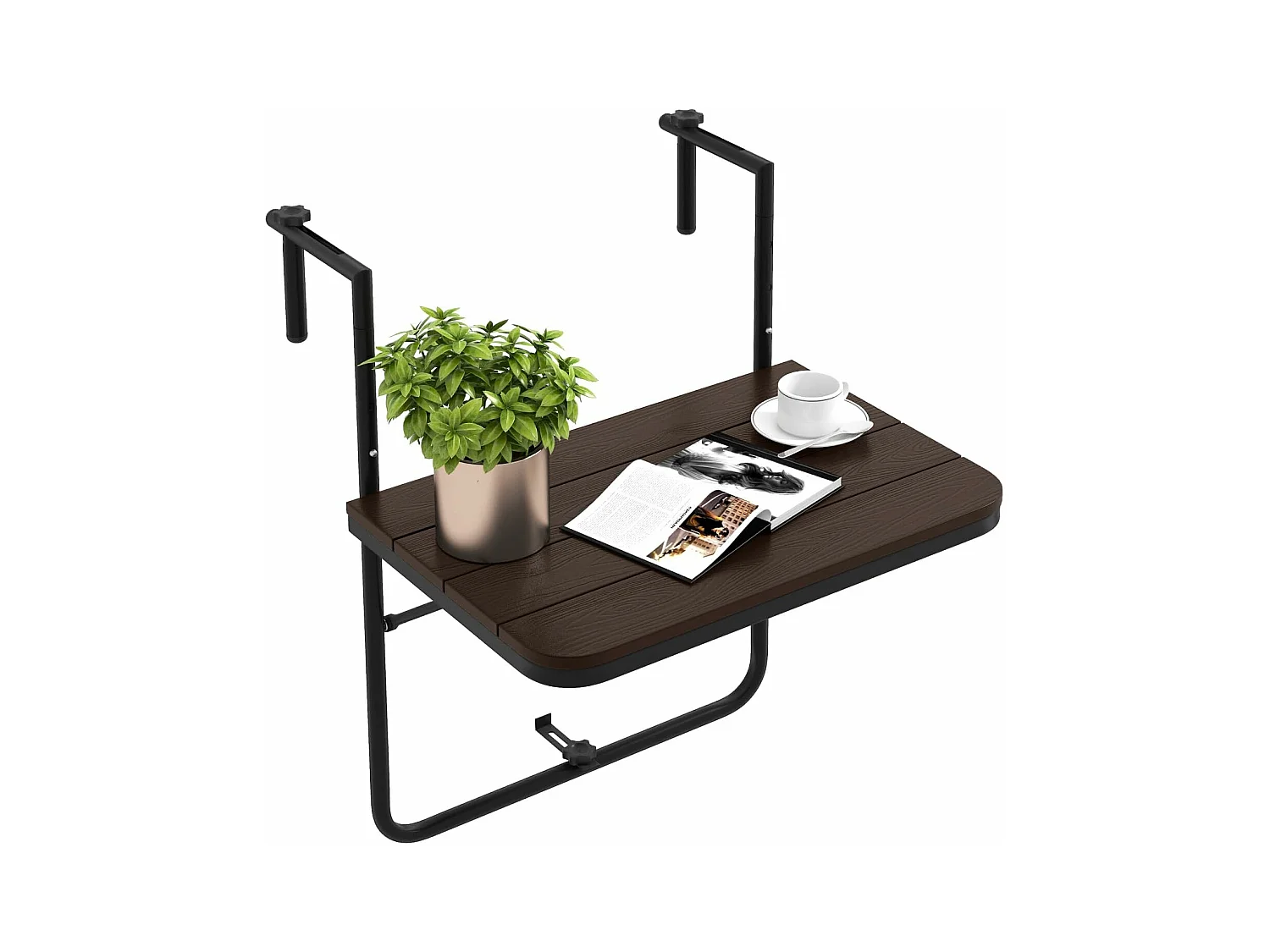 Table de Balcon Suspendue Pliable avec Hauteur 73/78,5/84CM, Table Rabattable en Hips et Métal avec Revêtement Anti-Rouille Charge 30KG pour Balcon Jardin, Brun