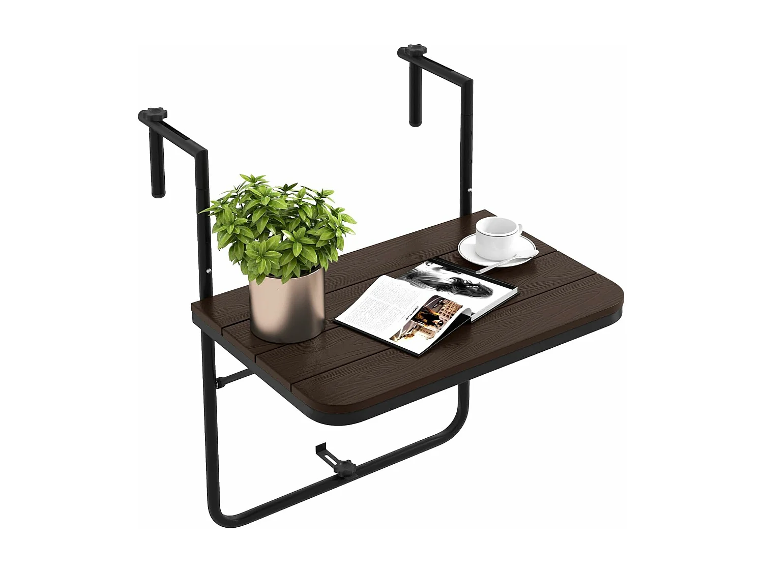 Table de Balcon Suspendue Pliable avec Hauteur 73/78,5/84CM, Table Rabattable en Hips et Métal avec Revêtement Anti-Rouille Charge 30KG pour Balcon Jardin, Brun