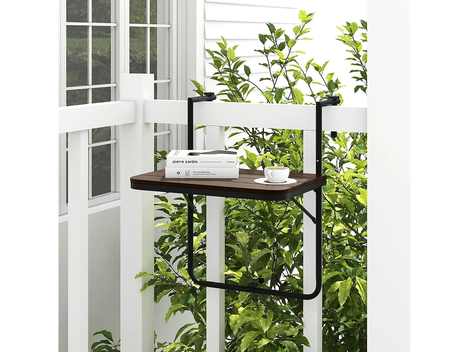 Table de Balcon Suspendue Pliable avec Hauteur 73/78,5/84CM, Table Rabattable en Hips et Métal avec Revêtement Anti-Rouille Charge 30KG pour Balcon Jardin, Brun