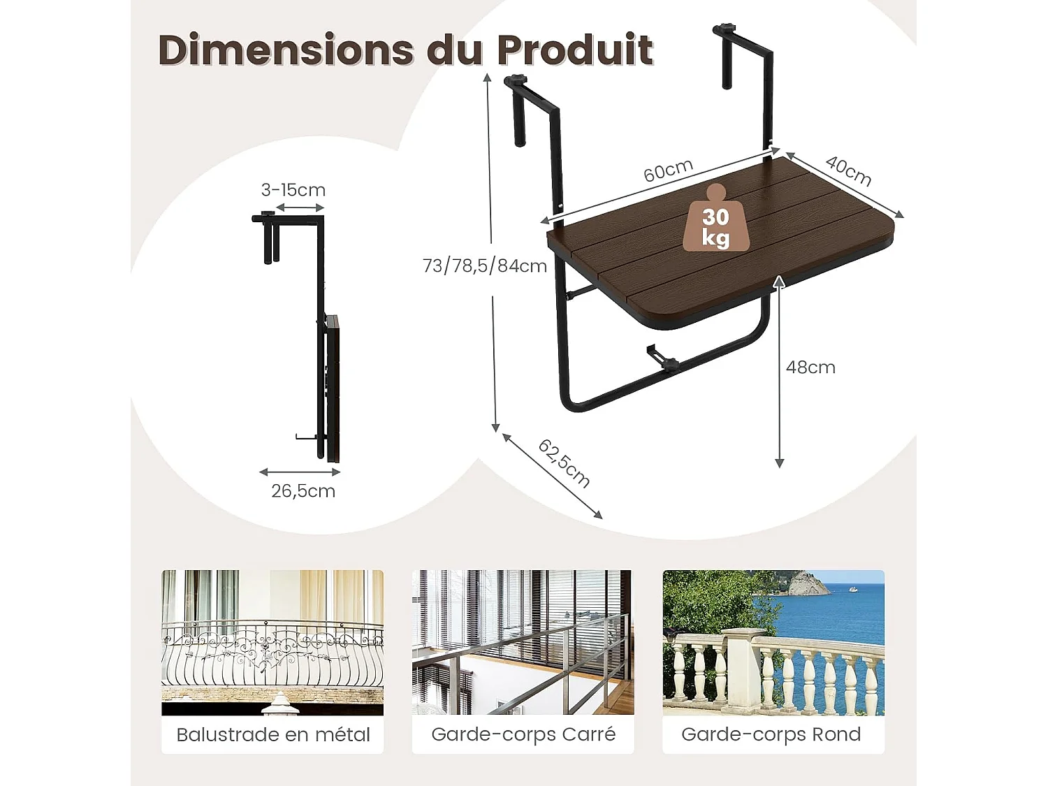 Table de Balcon Suspendue Pliable avec Hauteur 73/78,5/84CM, Table Rabattable en Hips et Métal avec Revêtement Anti-Rouille Charge 30KG pour Balcon Jardin, Brun