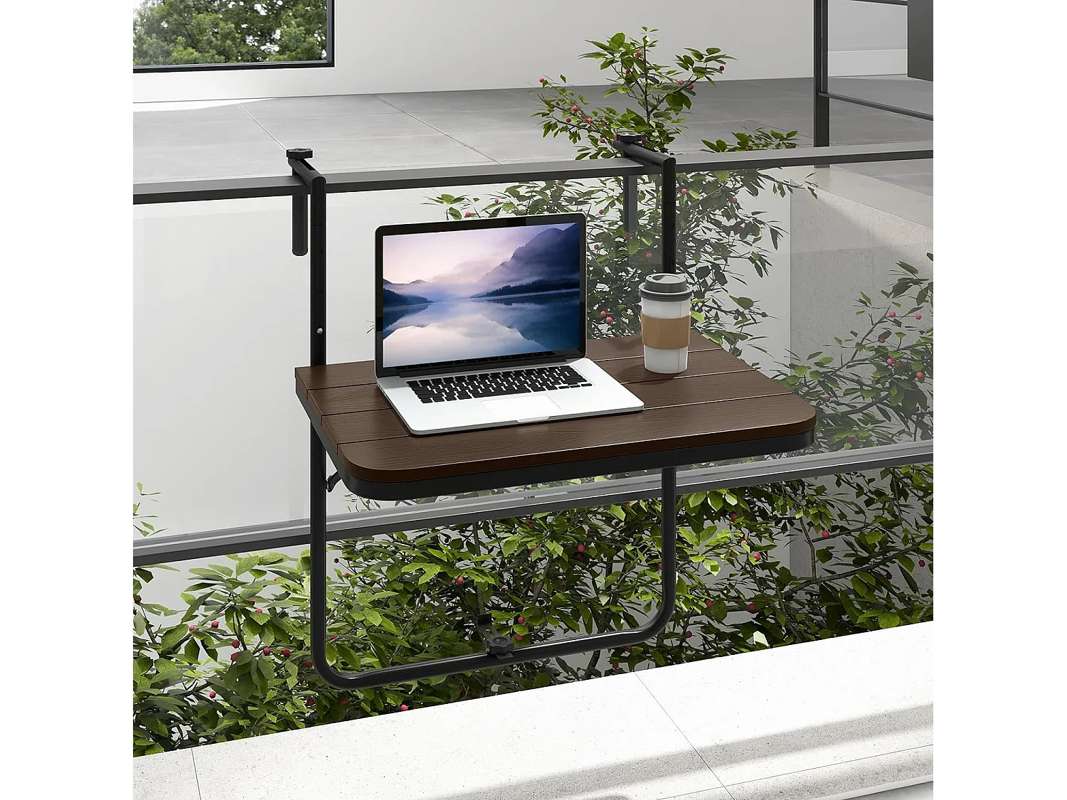 Table de Balcon Suspendue Pliable avec Hauteur 73/78,5/84CM, Table Rabattable en Hips et Métal avec Revêtement Anti-Rouille Charge 30KG pour Balcon Jardin, Brun