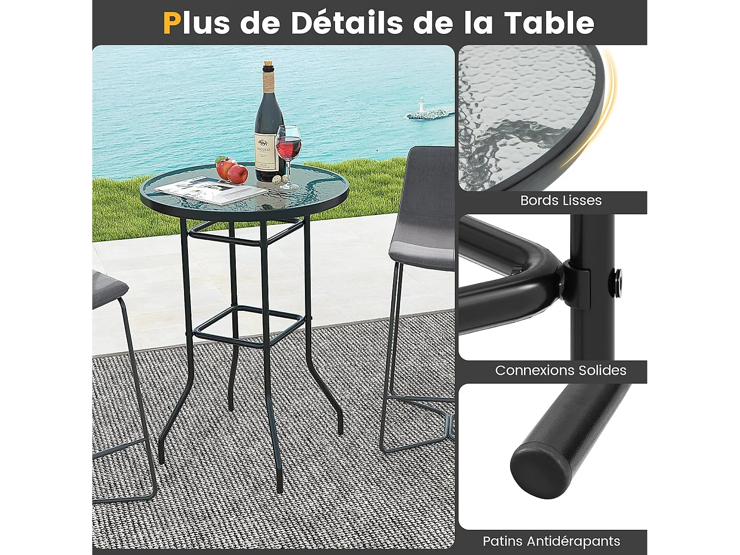 Table de Jardin Ronde en Verre Trempé 97 CM, Table de Bar avec Cadre en Métal Robuste, Table à Manger d'Extérieur Moderne pour Terrasse Jardin Balcon et Cour, Noir