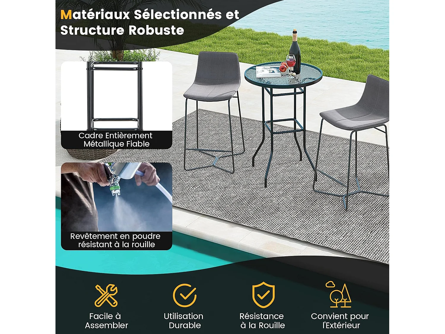 Table de Jardin Ronde en Verre Trempé 97 CM, Table de Bar avec Cadre en Métal Robuste, Table à Manger d'Extérieur Moderne pour Terrasse Jardin Balcon et Cour, Noir