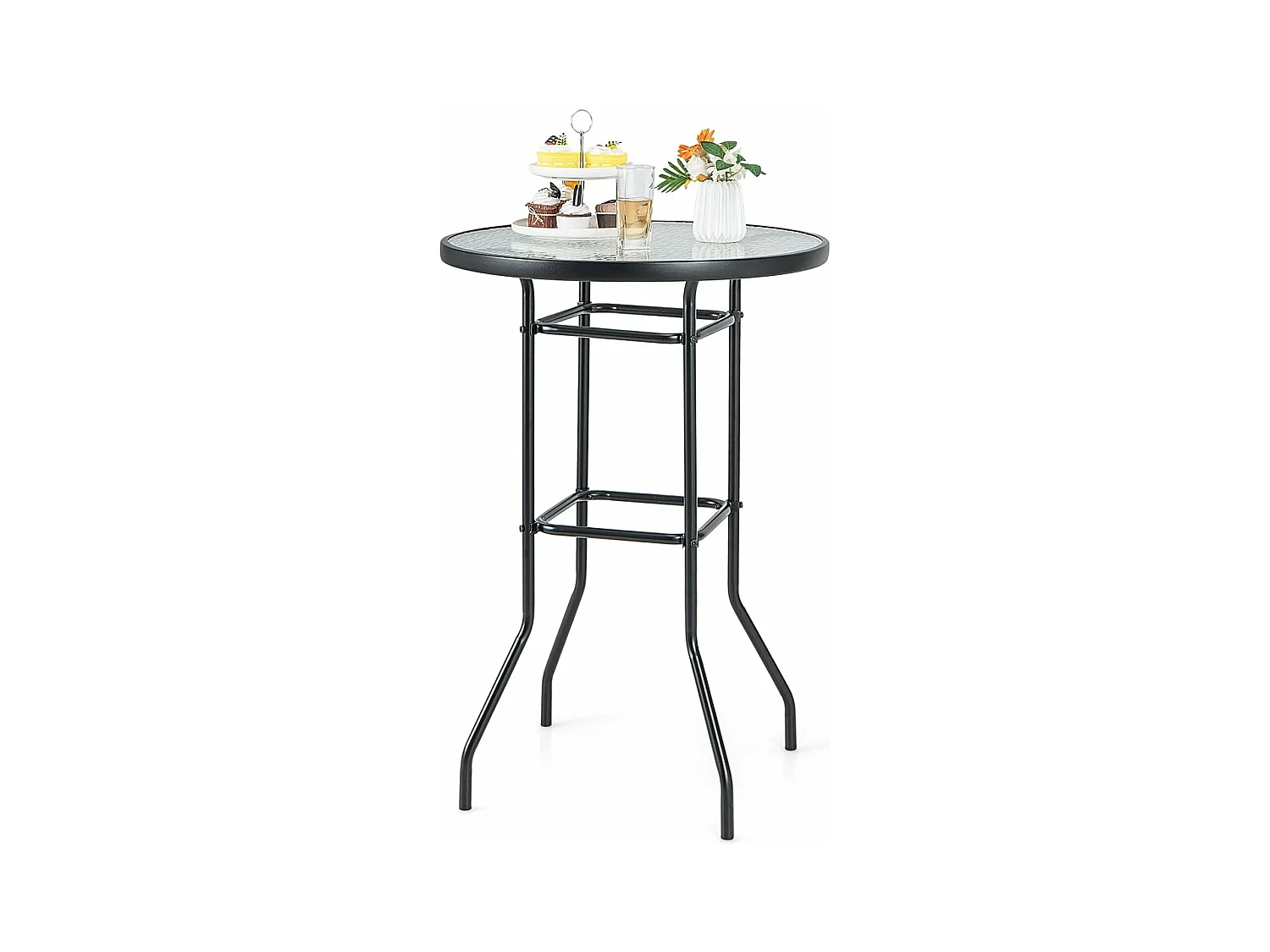 Table de Jardin Ronde en Verre Trempé 97 CM, Table de Bar avec Cadre en Métal Robuste, Table à Manger d'Extérieur Moderne pour Terrasse Jardin Balcon et Cour, Noir
