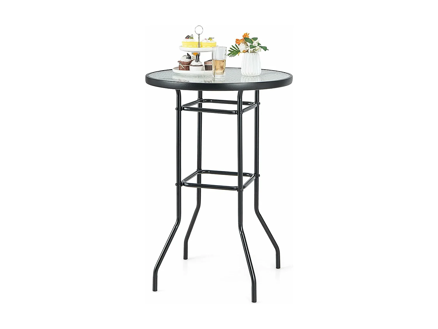 Table de Jardin Ronde en Verre Trempé 97 CM, Table de Bar avec Cadre en Métal Robuste, Table à Manger d'Extérieur Moderne pour Terrasse Jardin Balcon et Cour, Noir