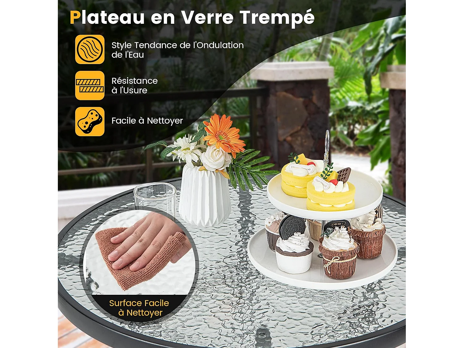 Table de Jardin Ronde en Verre Trempé 97 CM, Table de Bar avec Cadre en Métal Robuste, Table à Manger d'Extérieur Moderne pour Terrasse Jardin Balcon et Cour, Noir