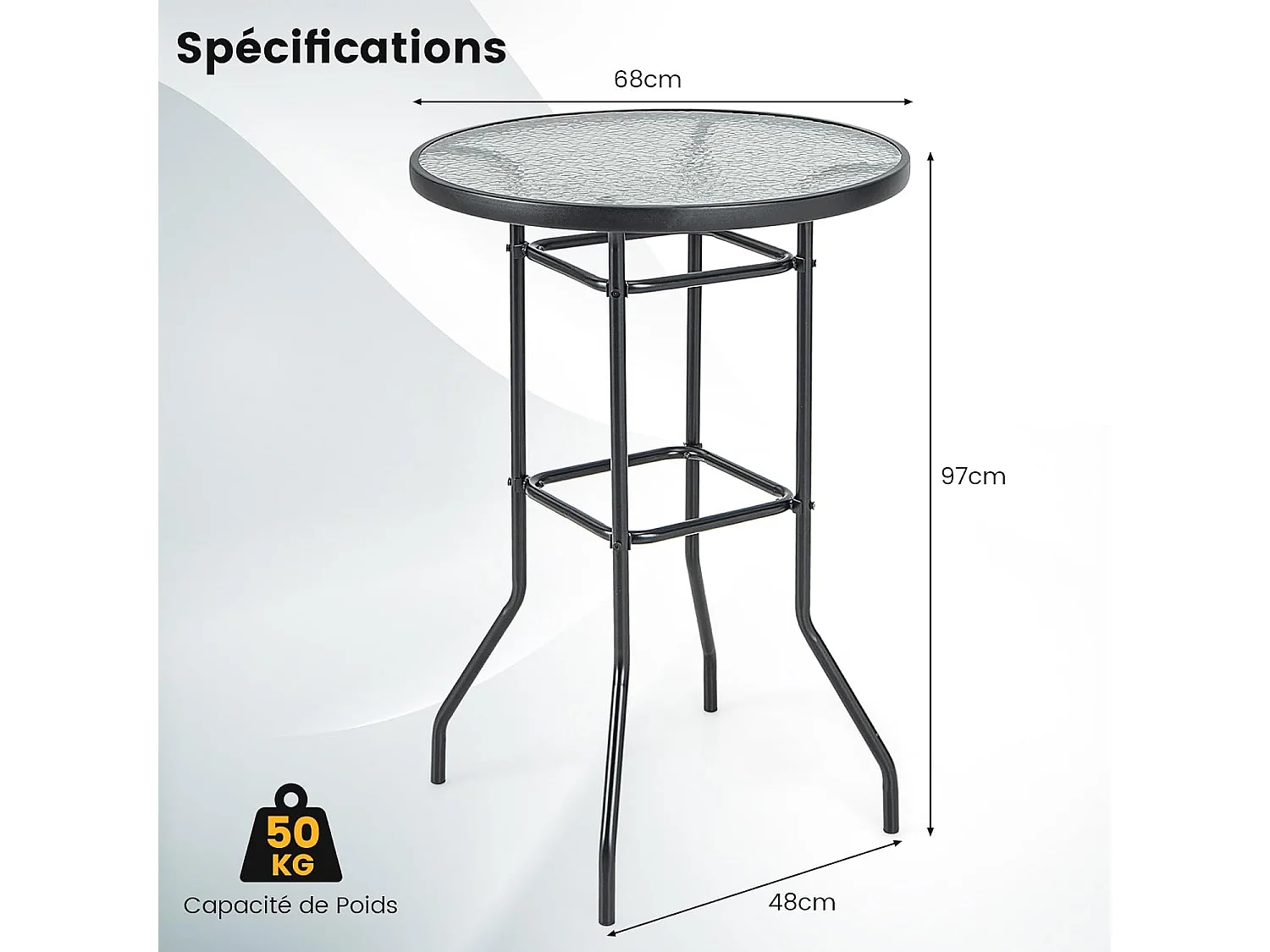 Table de Jardin Ronde en Verre Trempé 97 CM, Table de Bar avec Cadre en Métal Robuste, Table à Manger d'Extérieur Moderne pour Terrasse Jardin Balcon et Cour, Noir