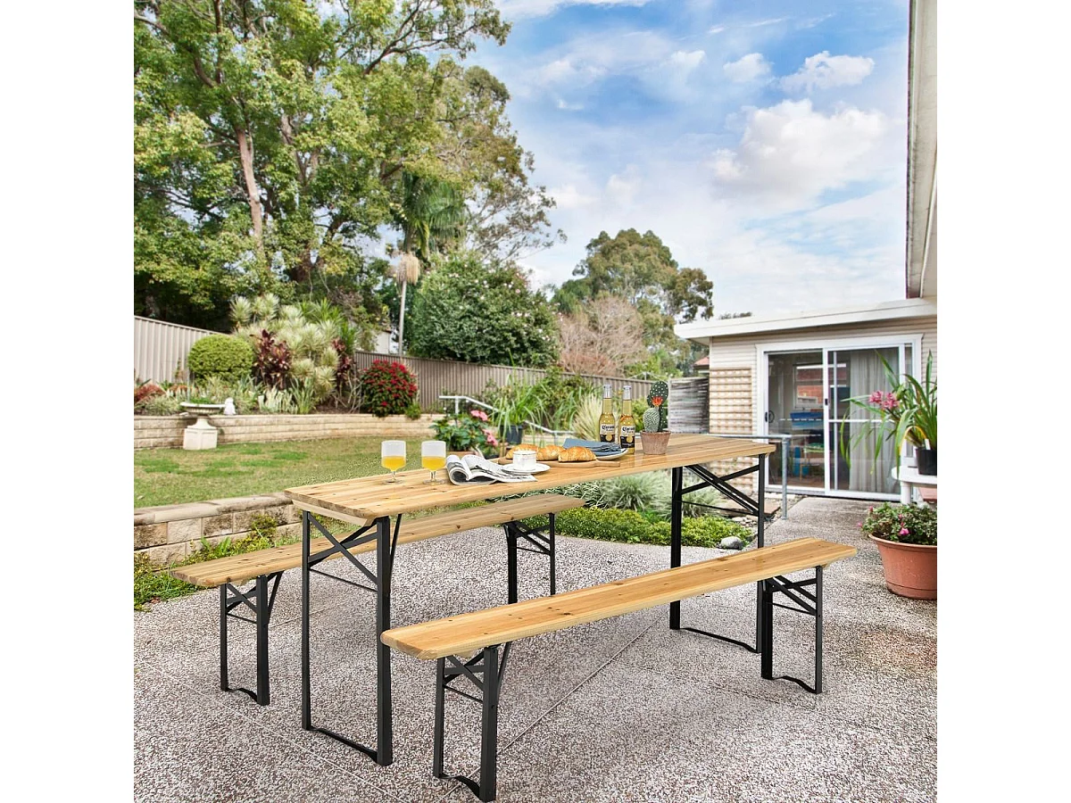 Ensemble Table Pliante et Bancs de Pique-Nique pour 4 personnes, Set de Table et Chaises en Bois pour Camping avec Tubes d'acier Pulvérisé Résistant aux Intempéries