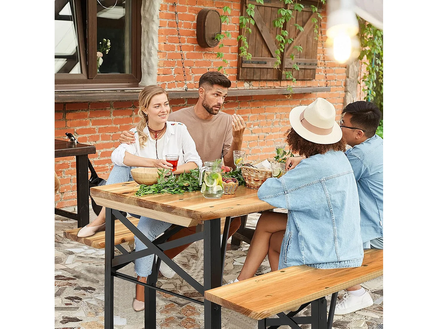 Ensemble Table Pliante et Bancs de Pique-Nique pour 4 personnes, Set de Table et Chaises en Bois pour Camping avec Tubes d'acier Pulvérisé Résistant aux Intempéries