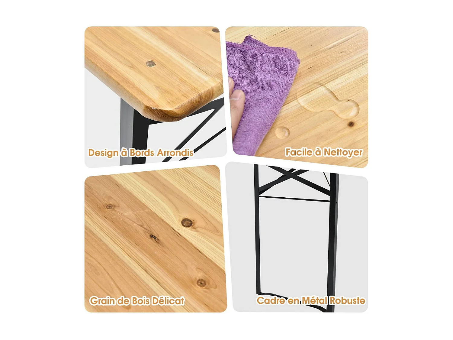 Ensemble Table Pliante et Bancs de Pique-Nique pour 4 personnes, Set de Table et Chaises en Bois pour Camping avec Tubes d'acier Pulvérisé Résistant aux Intempéries