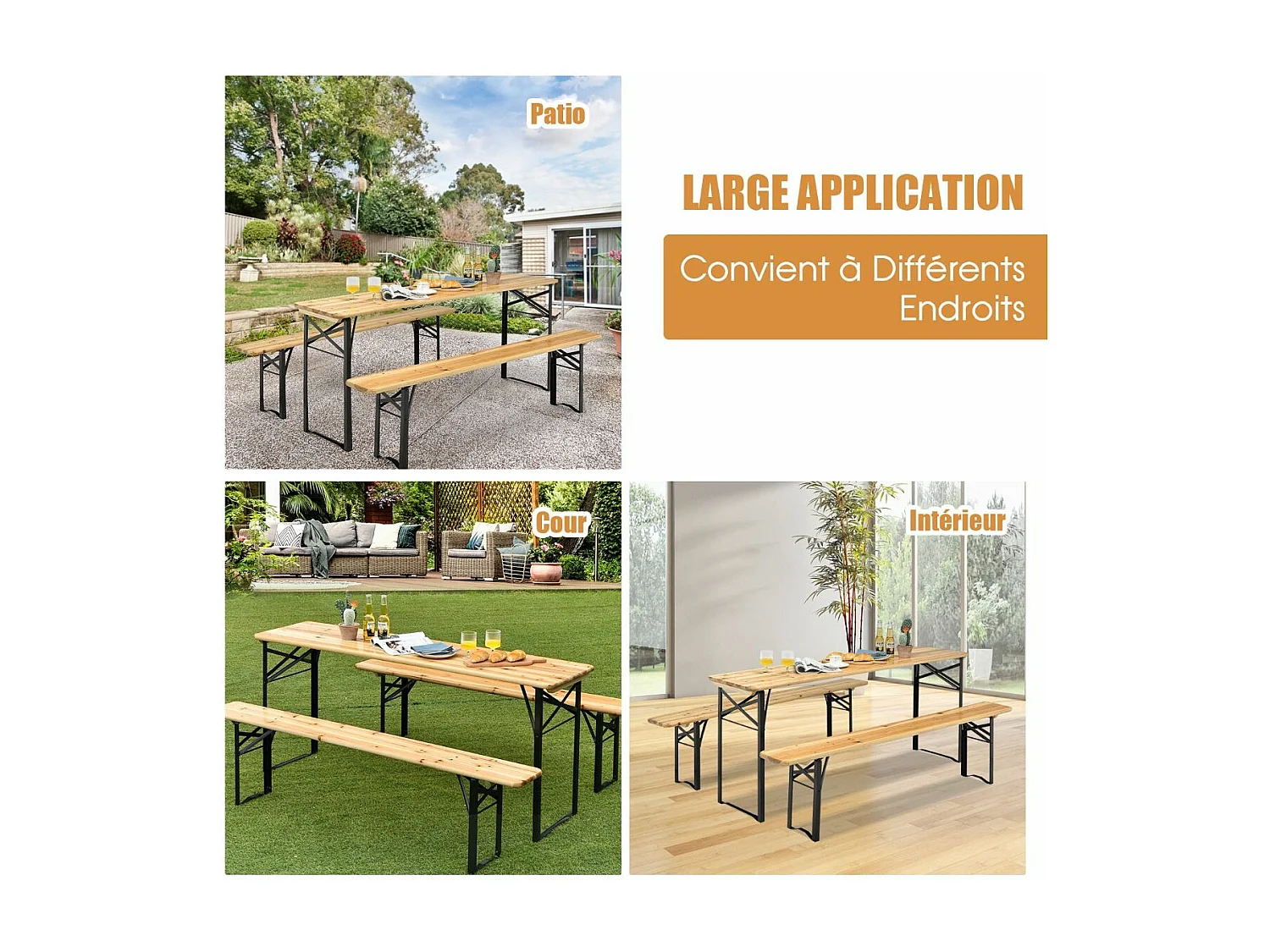 Ensemble Table Pliante et Bancs de Pique-Nique pour 4 personnes, Set de Table et Chaises en Bois pour Camping avec Tubes d'acier Pulvérisé Résistant aux Intempéries