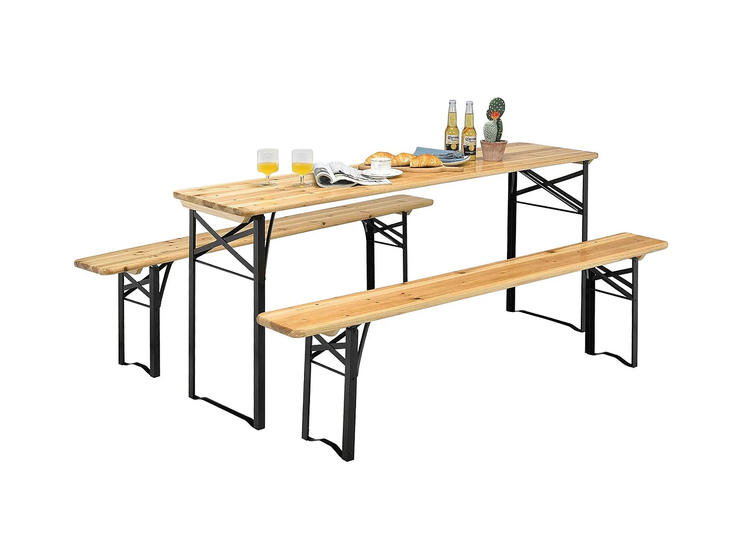 Ensemble Table Pliante et Bancs de Pique-Nique pour 4 personnes, Set de Table et Chaises en Bois pour Camping avec Tubes d'acier Pulvérisé Résistant aux Intempéries