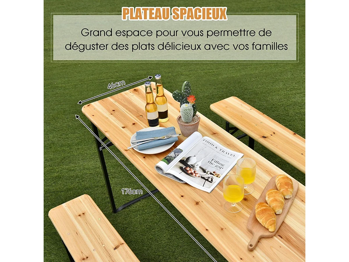 180CM opvouwbare picknicktafel en bankenset, houten campingtafel en stoelenset met weerbestendige gespoten stalen buizen, voor tuinterras