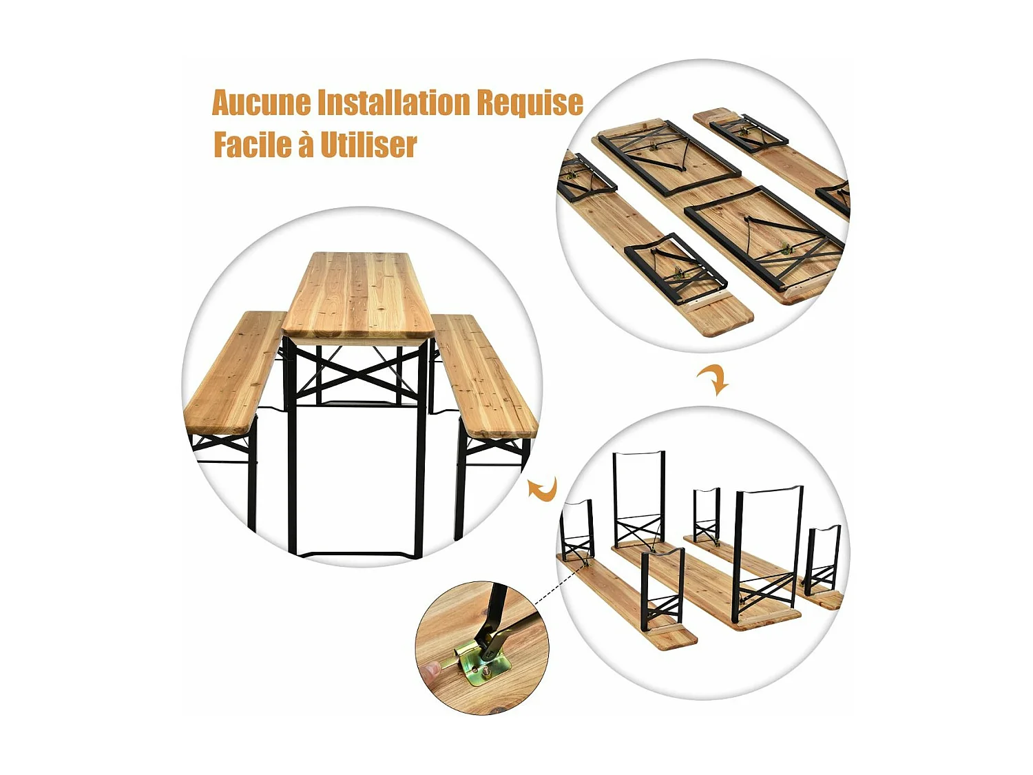 180CM opvouwbare picknicktafel en bankenset, houten campingtafel en stoelenset met weerbestendige gespoten stalen buizen, voor tuinterras