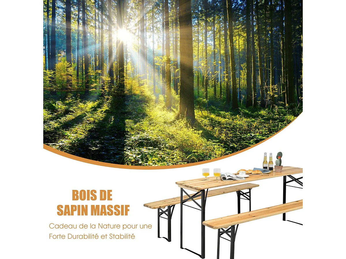 180CM opvouwbare picknicktafel en bankenset, houten campingtafel en stoelenset met weerbestendige gespoten stalen buizen, voor tuinterras