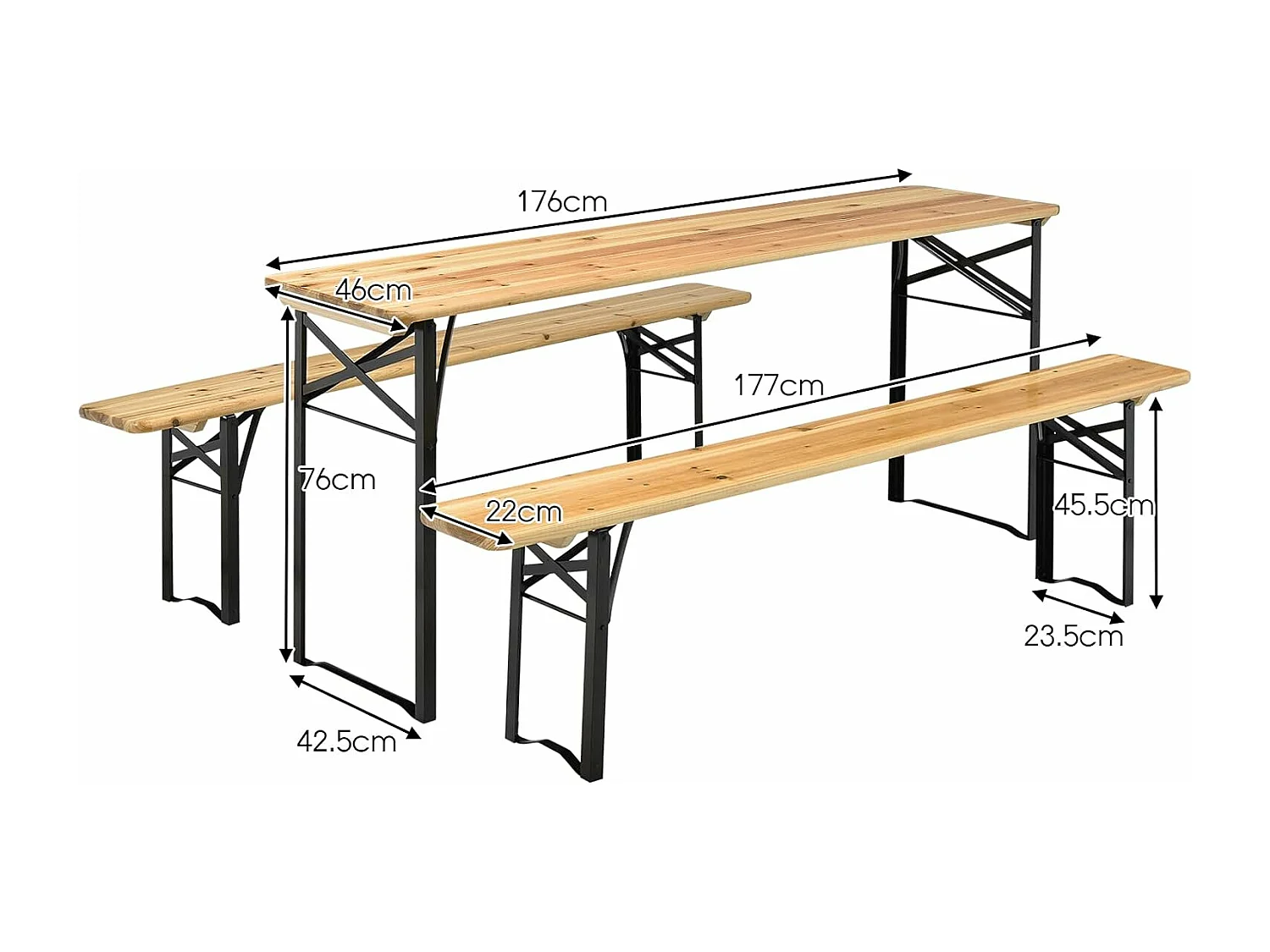 180CM opvouwbare picknicktafel en bankenset, houten campingtafel en stoelenset met weerbestendige gespoten stalen buizen, voor tuinterras