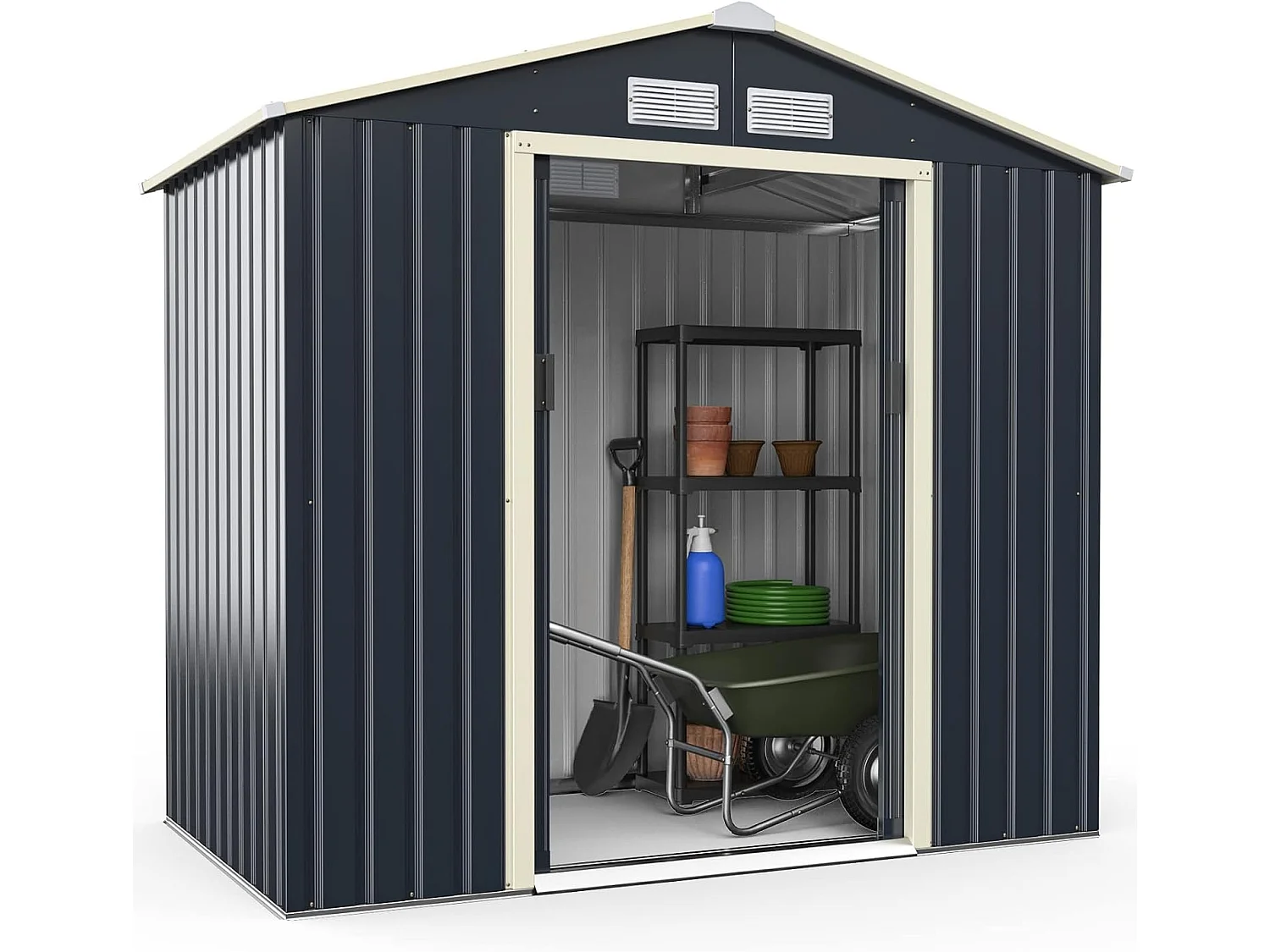 Abri de Jardin en Métal-4,07㎡-2 Portes Coulissantes Verrouillables-4 Trous d’Aération/1 Abri de Jardin+1 Kit d'Extension-213,5 x 191 x 194,5cm-Gris