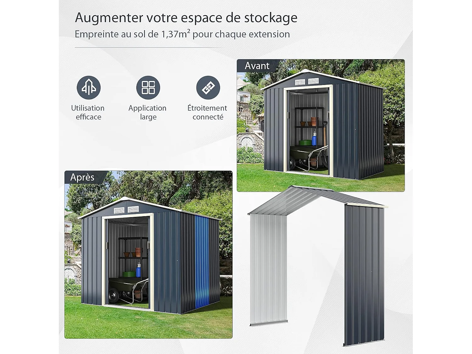 Abri de Jardin en Métal-4,07㎡-2 Portes Coulissantes Verrouillables-4 Trous d’Aération/1 Abri de Jardin+1 Kit d'Extension-213,5 x 191 x 194,5cm-Gris