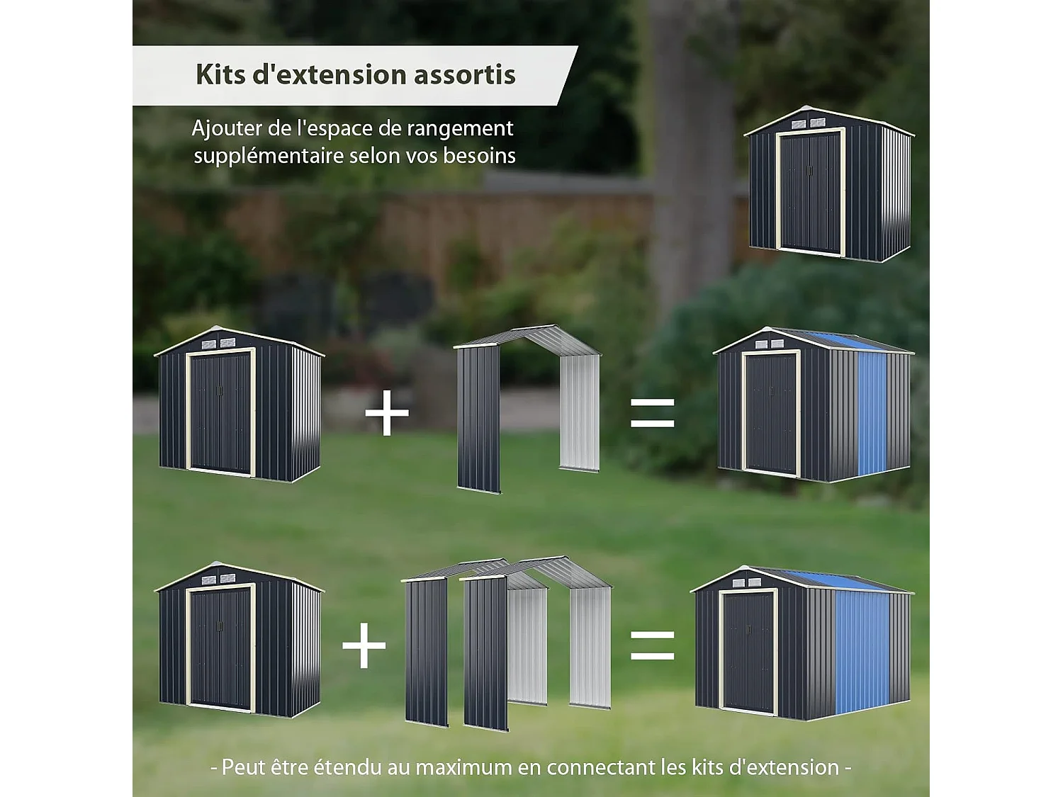 Abri de Jardin en Métal-4,07㎡-2 Portes Coulissantes Verrouillables-4 Trous d’Aération/1 Abri de Jardin+1 Kit d'Extension-213,5 x 191 x 194,5cm-Gris