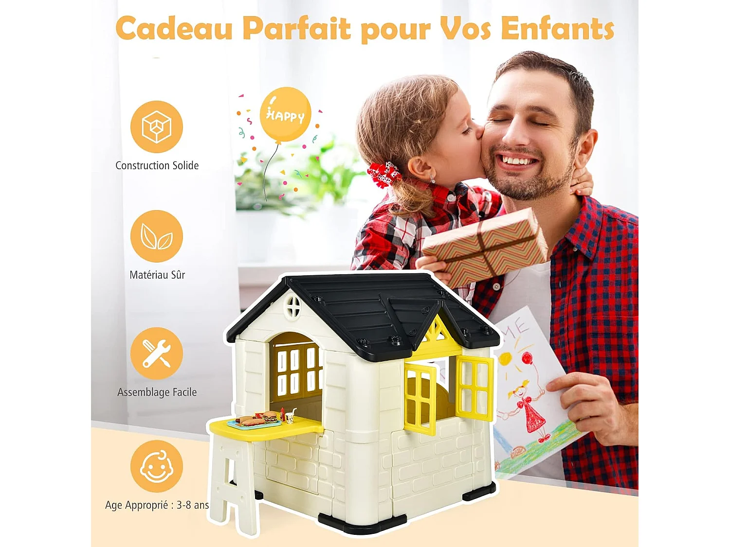 Cabane de Jardin pour Enfant - Table de Pique Nique, Maison Enfant Exterieur -Thème Burger Bar - en Plastique 164x124x132 cm Jaune