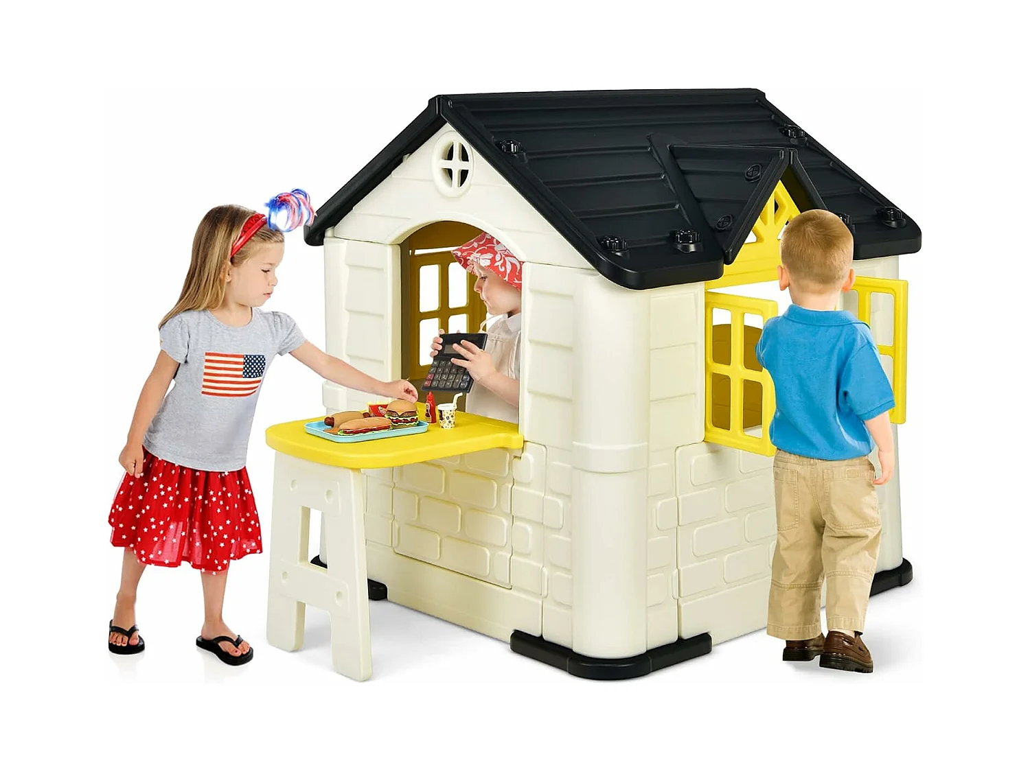 Cabane de Jardin pour Enfant - Table de Pique Nique, Maison Enfant Exterieur -Thème Burger Bar - en Plastique 164x124x132 cm Jaune