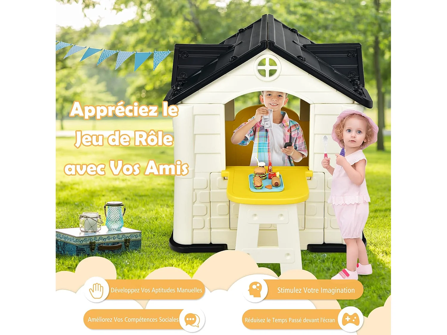 Cabane de Jardin pour Enfant - Table de Pique Nique, Maison Enfant Exterieur -Thème Burger Bar - en Plastique 164x124x132 cm Jaune