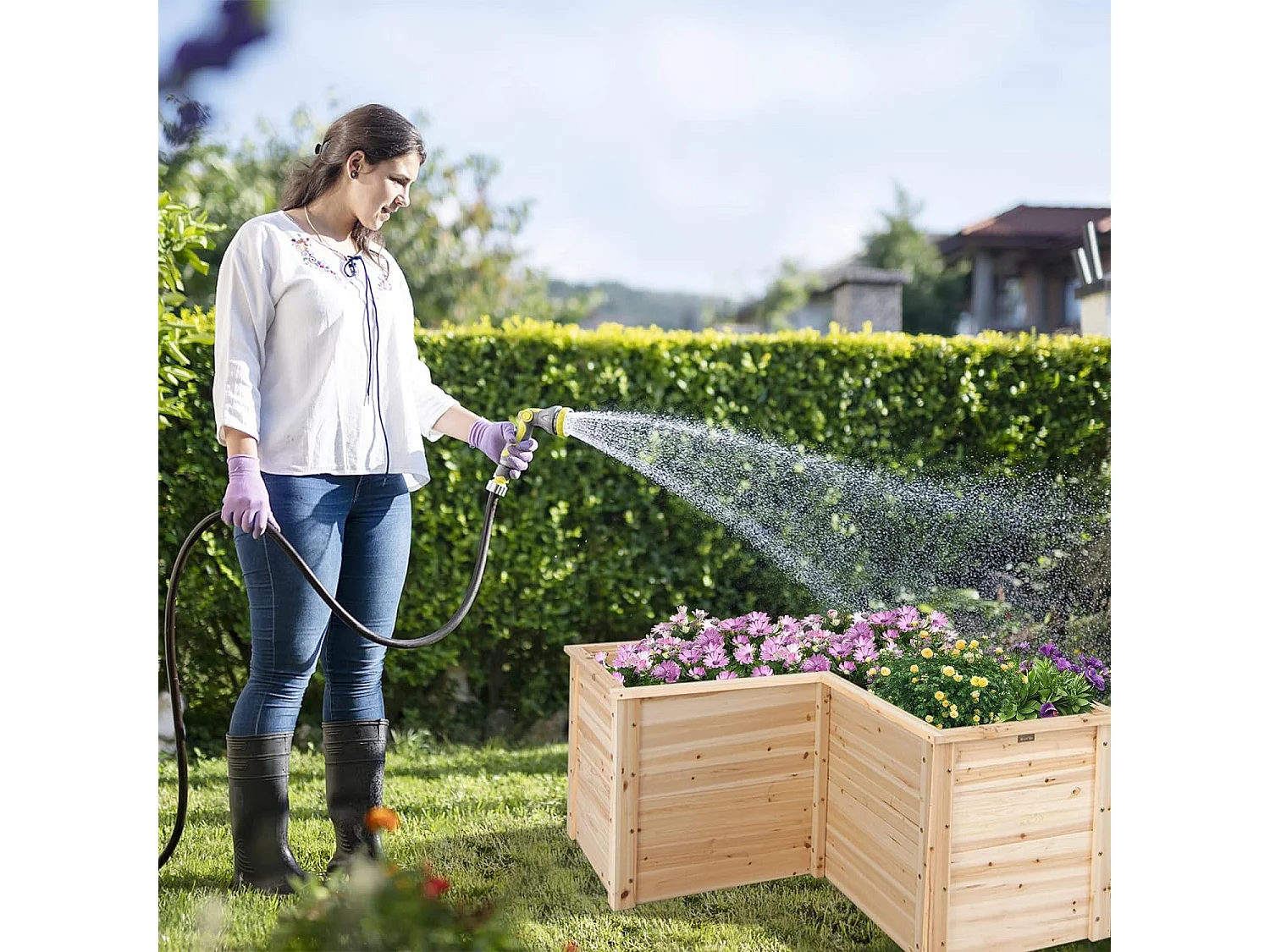 Carré Potager Jardinière en Bois de SaBois Base Ouverte en L, Jardinière Surélevée pour Légumes Fruits, pour Jardin Cour Pelouse, 120 x 120 x 62 cm