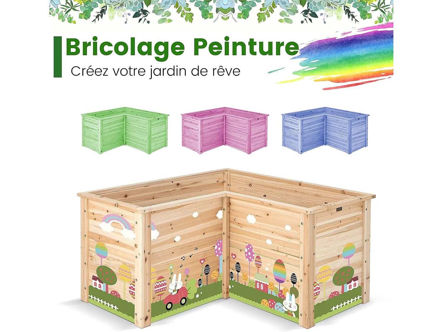 Carré Potager Jardinière en Bois de SaBois Base Ouverte en L, Jardinière Surélevée pour Légumes Fruits, pour Jardin Cour Pelouse, 120 x 120 x 62 cm