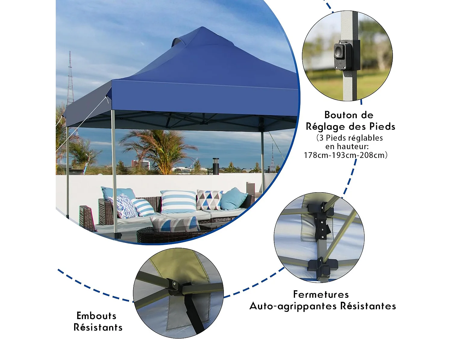 Tonnelle de Jardin Escamotable Pliable 3x3M, Tente de Fête Imperméable Protection Solaire 3 Hauteurs 305/320/335 cm avec Sac de Rangement à roulettes, pour Marché Patio (Bleu)