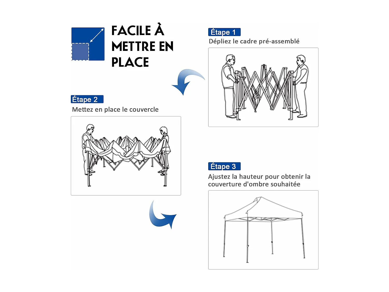Tonnelle de Jardin Escamotable Pliable 3x3M, Tente de Fête Imperméable Protection Solaire 3 Hauteurs 305/320/335 cm avec Sac de Rangement à roulettes, pour Marché Patio (Bleu)