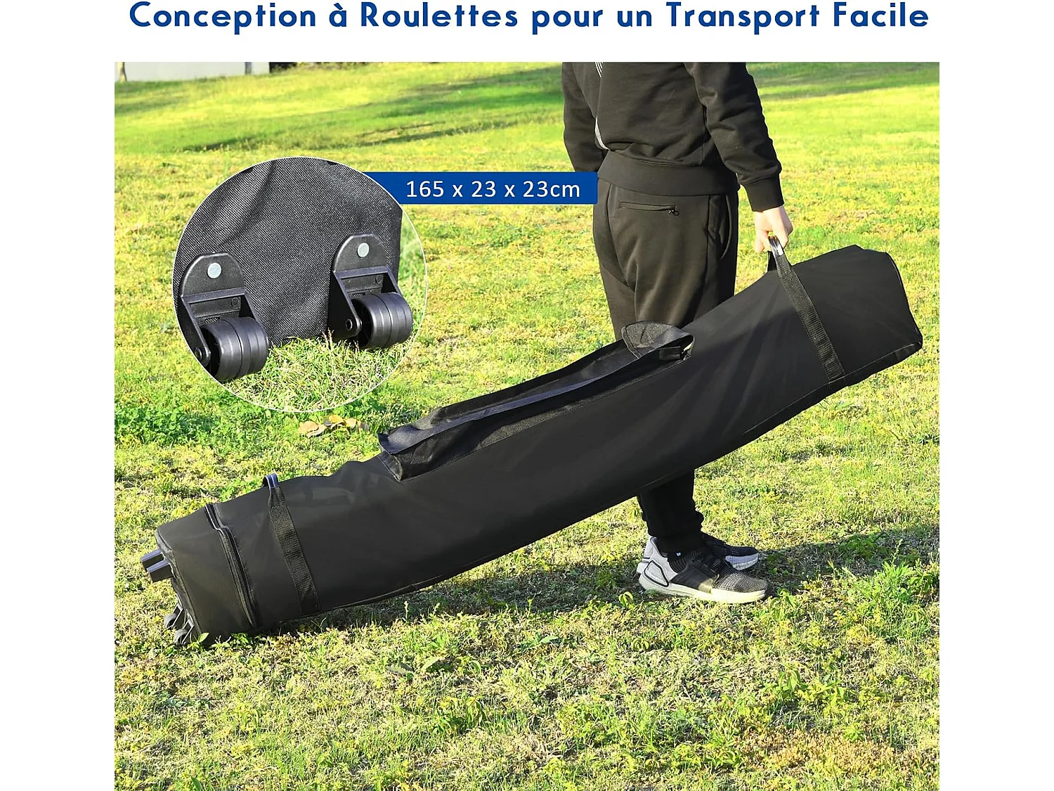 Tonnelle de Jardin Escamotable Pliable 3x3M, Tente de Fête Imperméable Protection Solaire 3 Hauteurs 305/320/335 cm avec Sac de Rangement à roulettes, pour Marché Patio (Bleu)