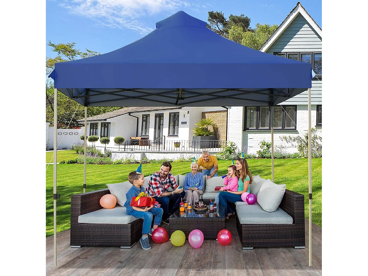 Tonnelle de Jardin Escamotable Pliable 3x3M, Tente de Fête Imperméable Protection Solaire 3 Hauteurs 305/320/335 cm avec Sac de Rangement à roulettes, pour Marché Patio (Bleu)
