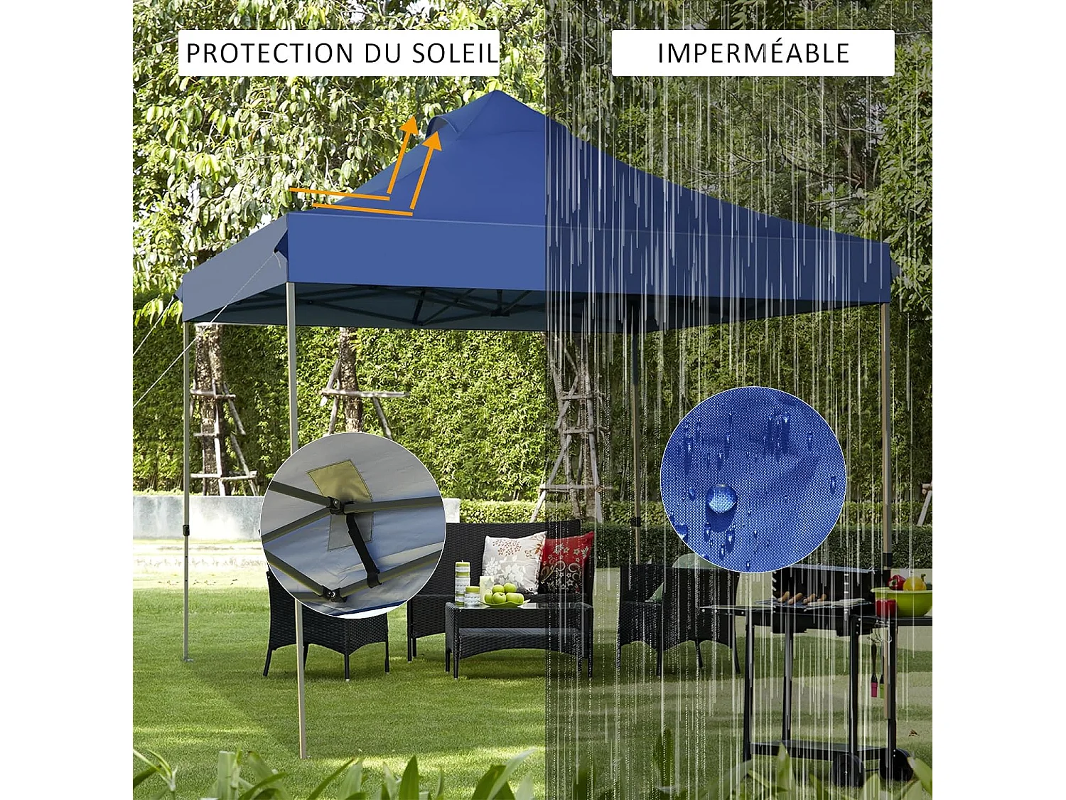 Tonnelle de Jardin Escamotable Pliable 3x3M, Tente de Fête Imperméable Protection Solaire 3 Hauteurs 305/320/335 cm avec Sac de Rangement à roulettes, pour Marché Patio (Bleu)