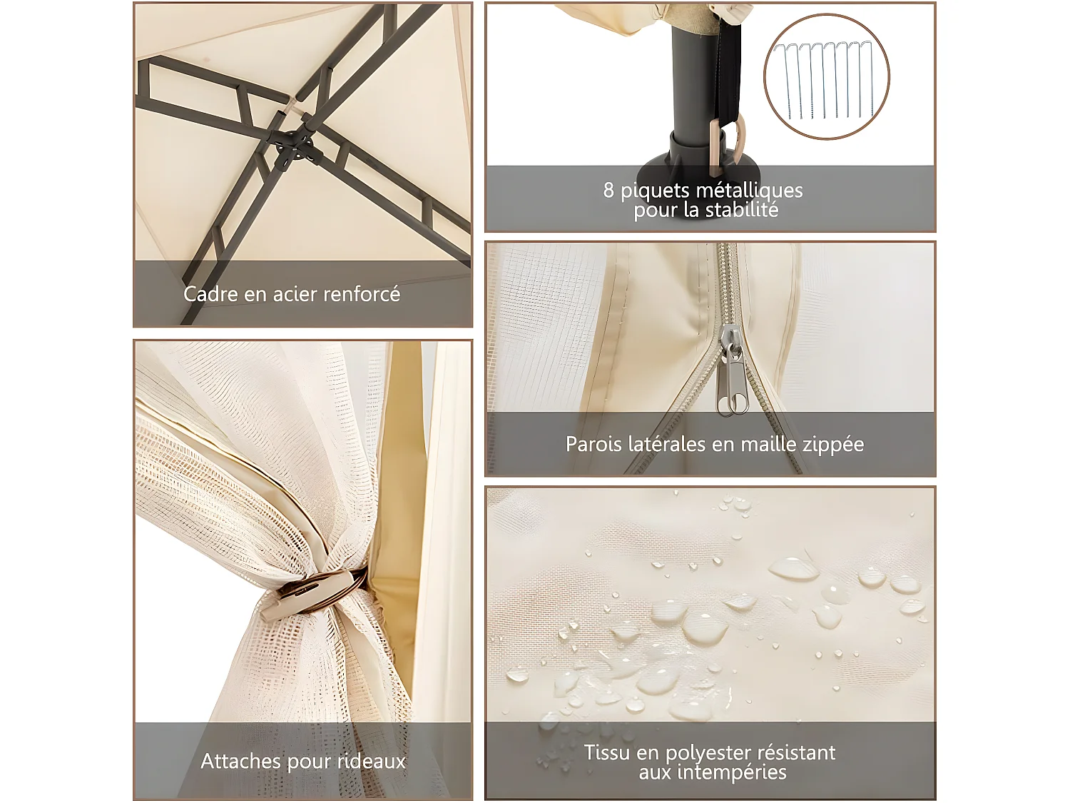 Tonnelle Jardin/Barnum 3L x 3l x 2,65H m en Plastique et vinyle Anti UV Tente de Réception Double Toit 4 Moustiquaires Amovibles Zippées, Beige