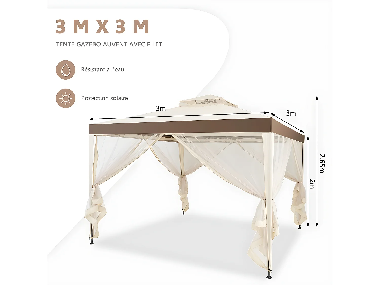 Tonnelle Jardin/Barnum 3L x 3l x 2,65H m en Plastique et vinyle Anti UV Tente de Réception Double Toit 4 Moustiquaires Amovibles Zippées, Beige