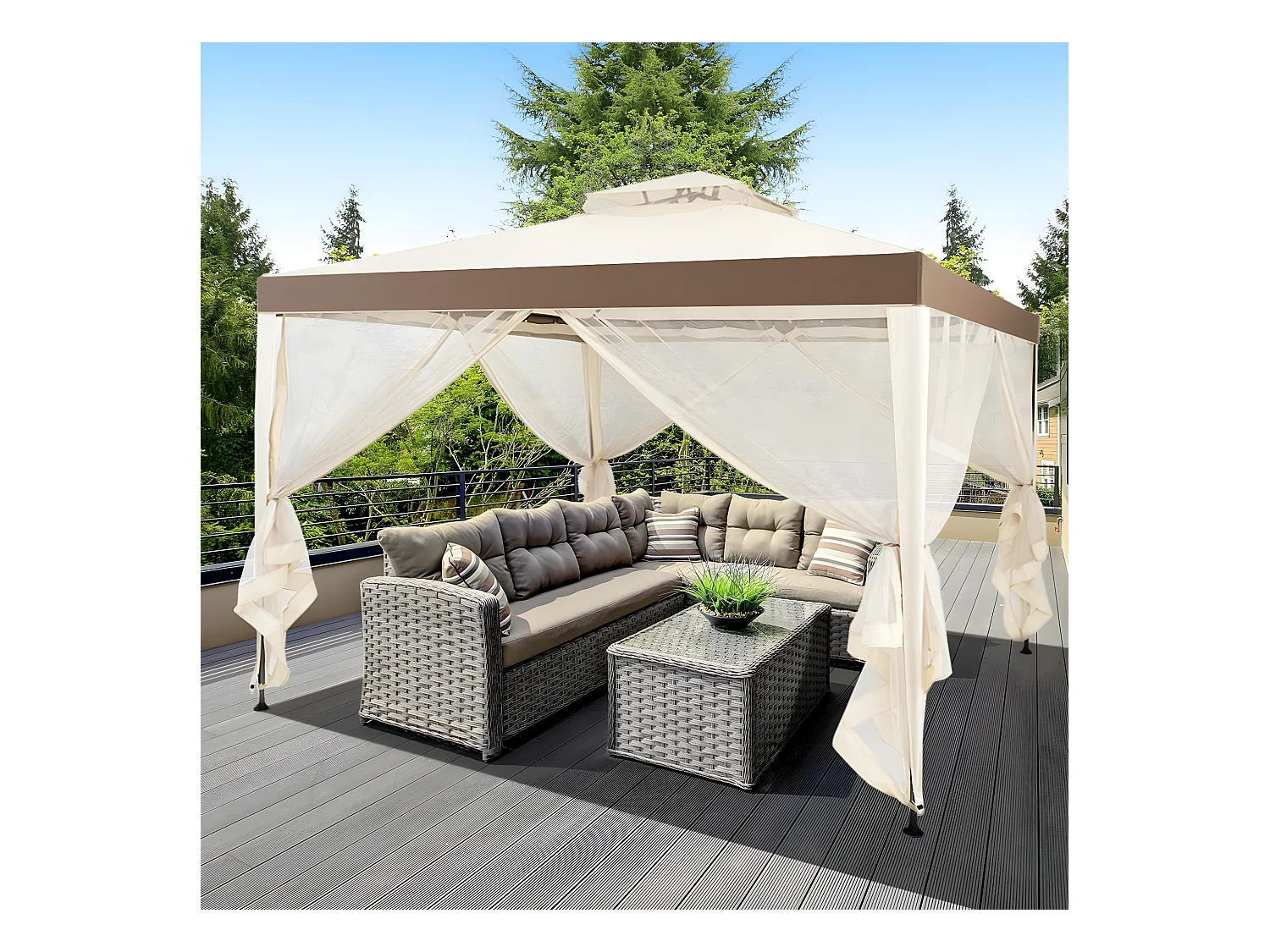 Tonnelle Jardin/Barnum 3L x 3l x 2,65H m en Plastique et vinyle Anti UV Tente de Réception Double Toit 4 Moustiquaires Amovibles Zippées, Beige