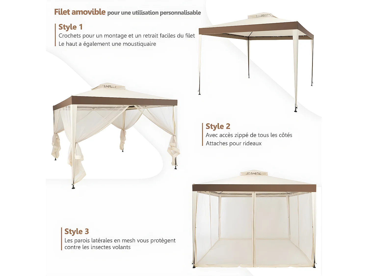 Tonnelle Jardin/Barnum 3L x 3l x 2,65H m en Plastique et vinyle Anti UV Tente de Réception Double Toit 4 Moustiquaires Amovibles Zippées, Beige