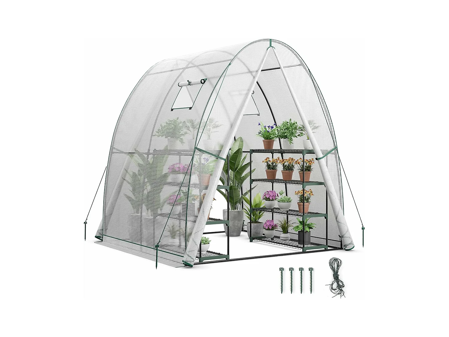 Serre de Jardin avec Housse en PE Résistante aux Intempéries, Serre Tunnel avec Fenêtre Moustiquaires Enroulable 2 Portes Zippées Pochette Latérale, 181 x 181 x 200 cm (Blanc)