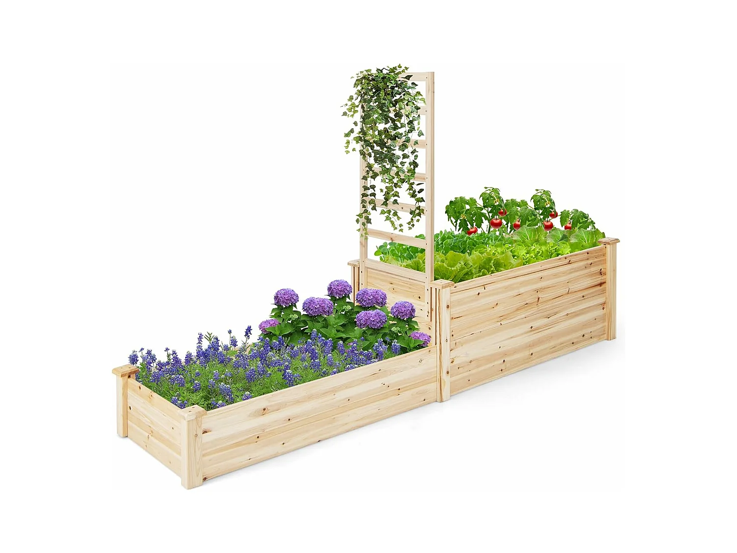 Jardinière avec Treillis en Bois avec Base Ouverte, 2 Bacs à Fleurs Extérieur à 2 Niveaux pour Plante Grimpante, Lit de Jardin Surélevée Assemblage Facile, 223 x 64 x 134 cm