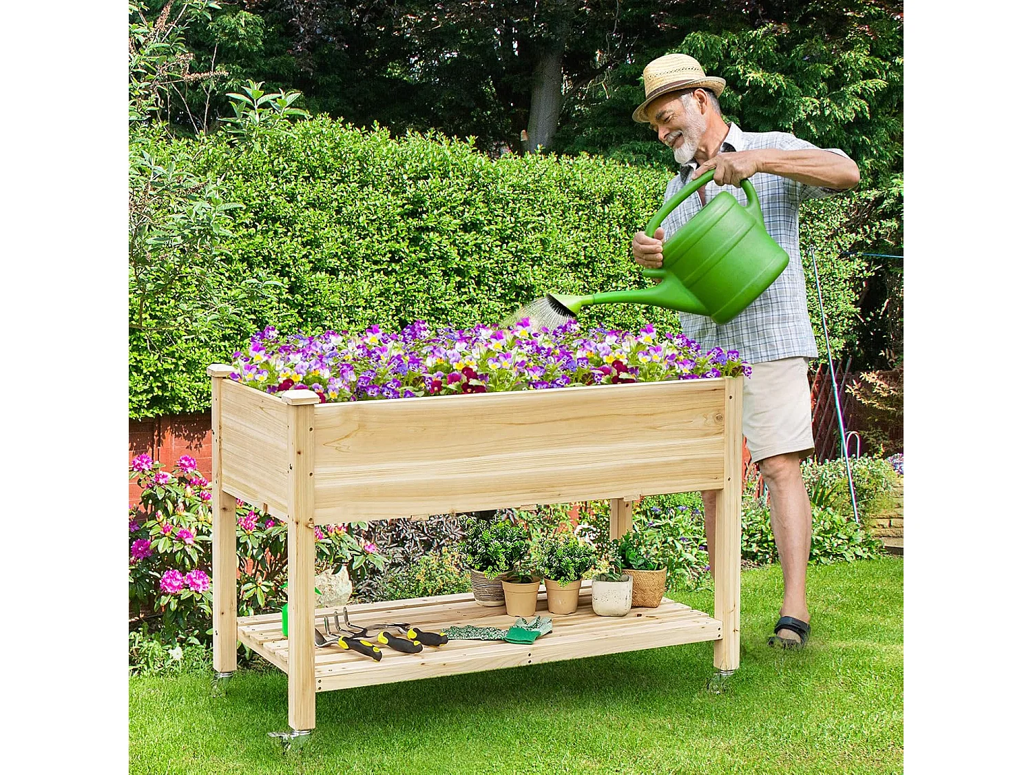 Jardinière Surélevée en Bois avec Roues Verrouillables, Lit de Jardin avec Étagère et Doublure de Protection 4 Trous de Drainage (120 x 59 x 84 cm)