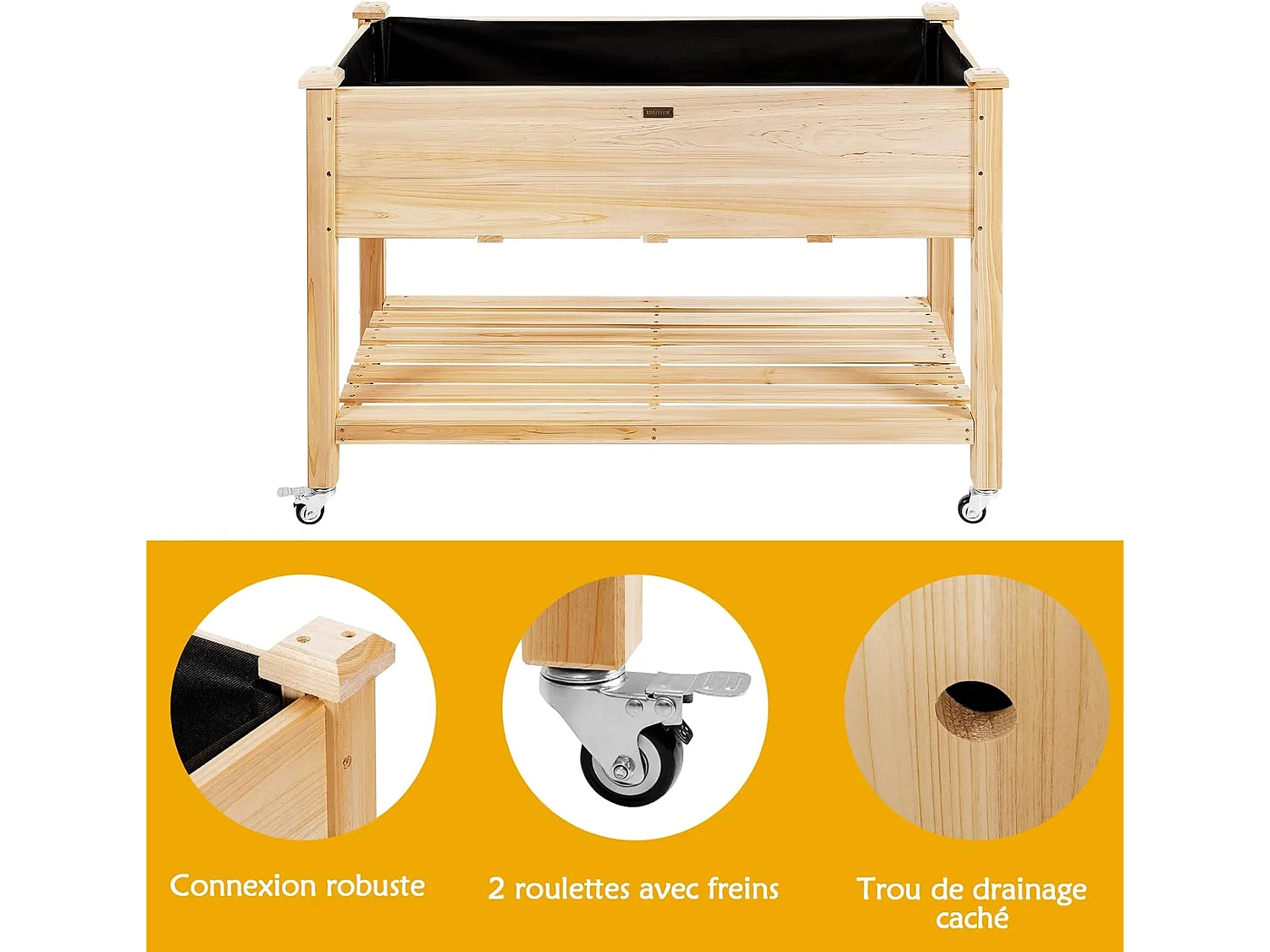 Jardinière Surélevée en Bois avec Roues Verrouillables, Lit de Jardin avec Étagère et Doublure de Protection 4 Trous de Drainage (120 x 59 x 84 cm)