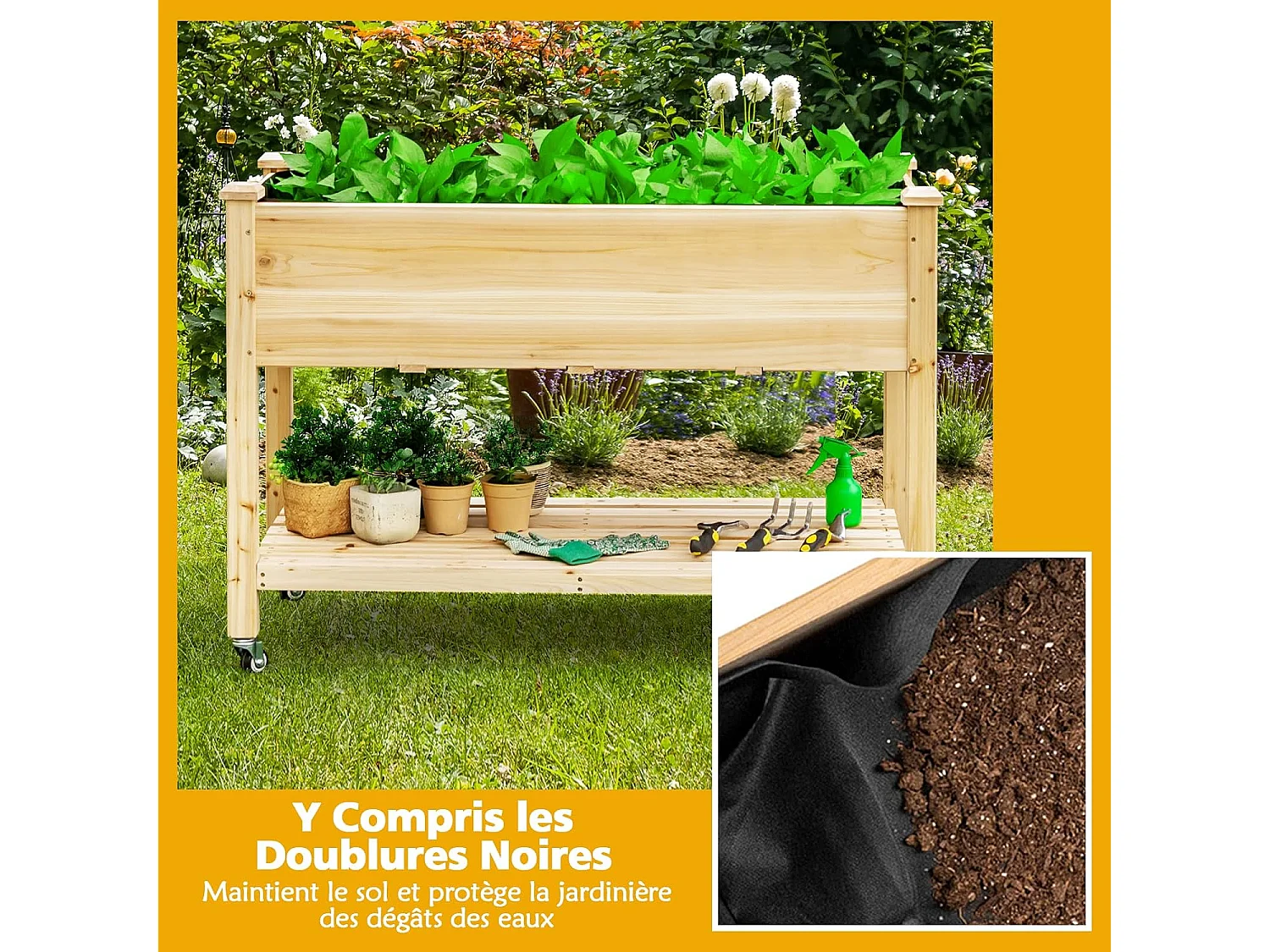 Jardinière Surélevée en Bois avec Roues Verrouillables, Lit de Jardin avec Étagère et Doublure de Protection 4 Trous de Drainage (120 x 59 x 84 cm)