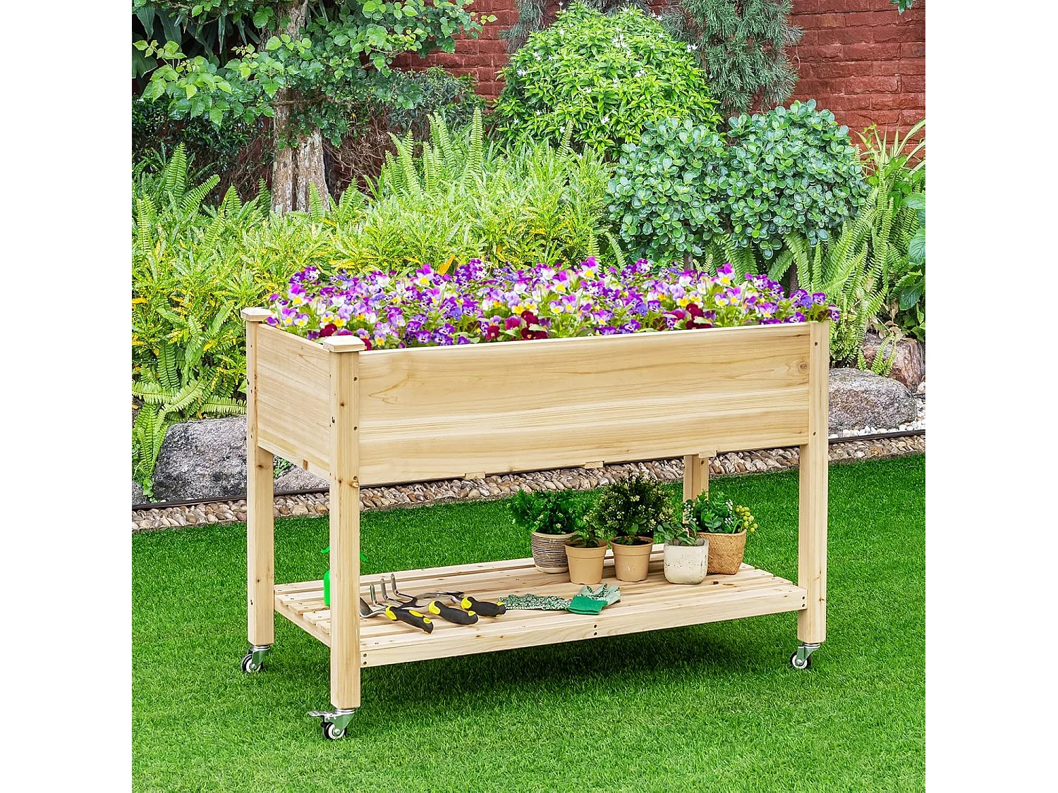 Jardinière Surélevée en Bois avec Roues Verrouillables, Lit de Jardin avec Étagère et Doublure de Protection 4 Trous de Drainage (120 x 59 x 84 cm)