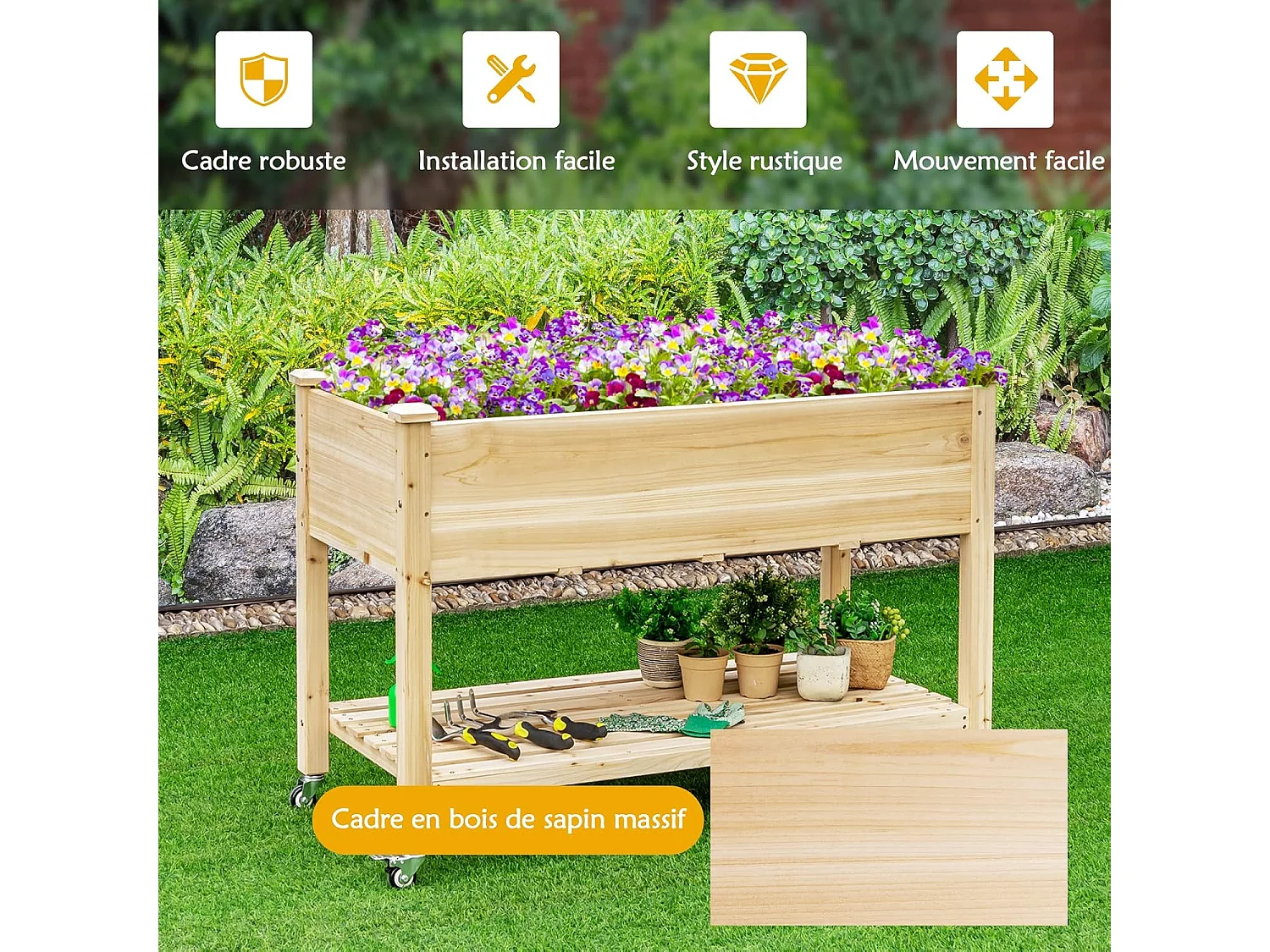 Jardinière Surélevée en Bois avec Roues Verrouillables, Lit de Jardin avec Étagère et Doublure de Protection 4 Trous de Drainage (120 x 59 x 84 cm)